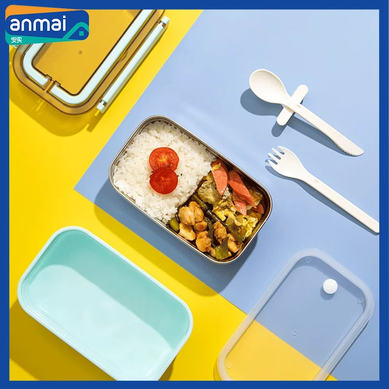 Anmai Lunch Box with Tableware Heat Resistant Anti-scald Bento Box 304 Stainless Steel Detachable Easy Clean Handle Design 800ml