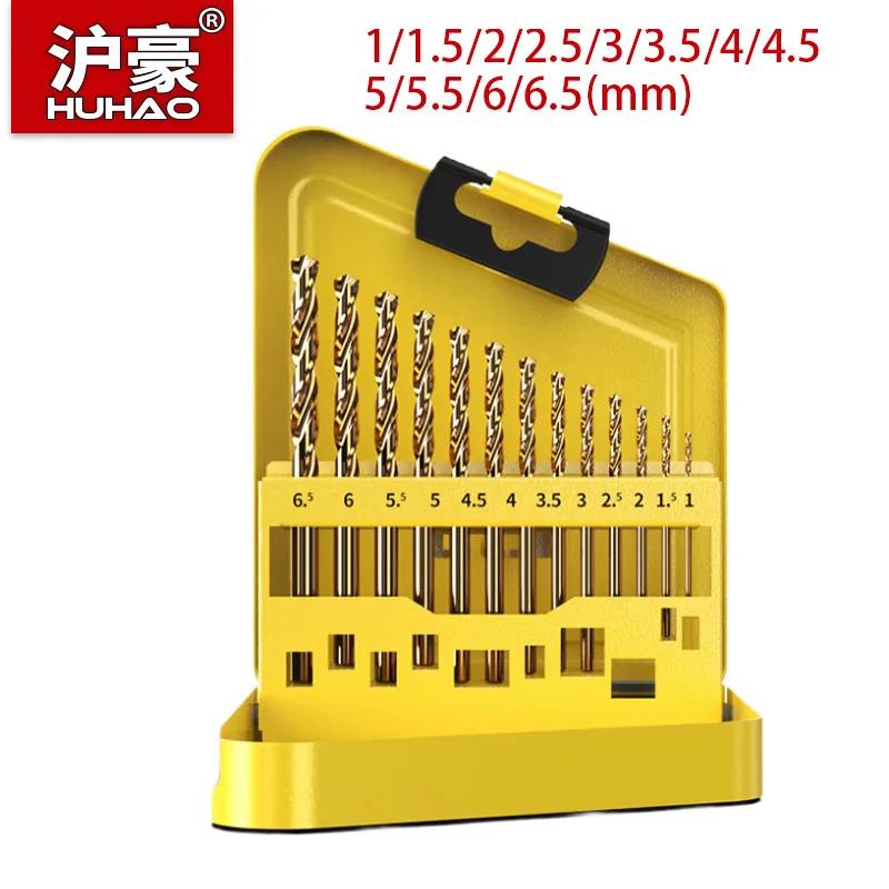 

Huhao 13 шт. 1–6,5 мм набор спиральных сверл с круглым хвостовиком, резак для отверстий с титановым покрытием, сверло из высокоскоростной стали, деревообработка