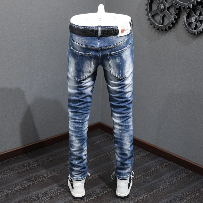Fashion Streetwear Men Jeans Retro Blue Elastic Stretch Slim Fit Ripped Jeans Men Patchwork Designer Vintage Denim Pants Hombre