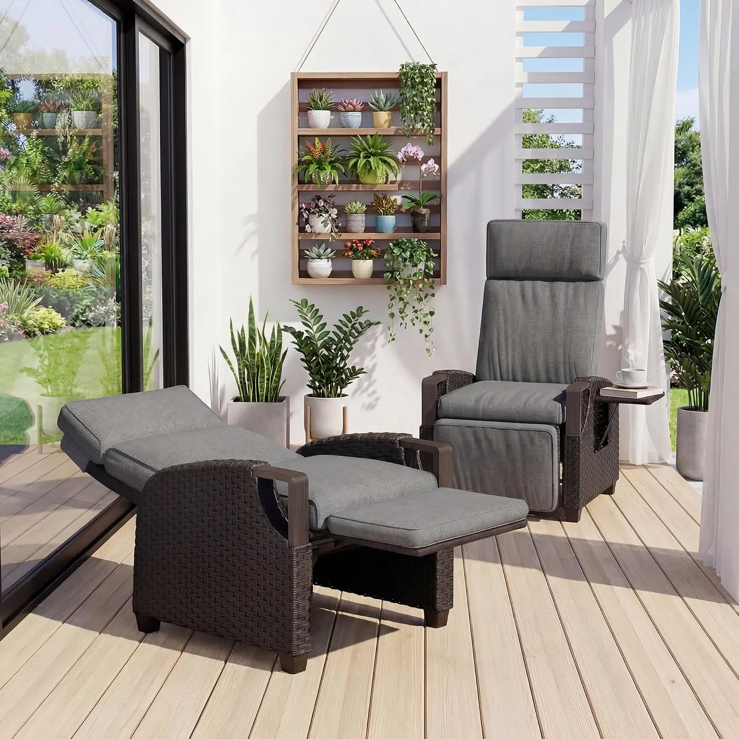 Outdoor Recliner 150° Lay Flat Wicker Chair Adjustable Back & Footrest Olefin Cushion Flip-Up Table Grey 2PCS, Customized