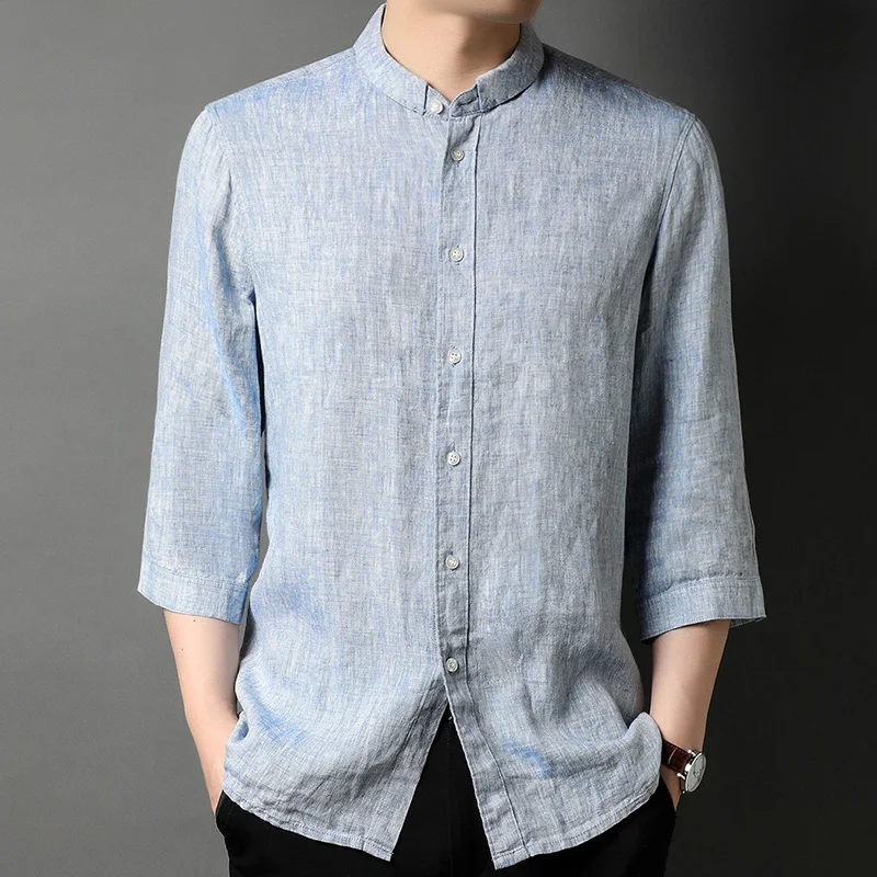 

Men's long-sleeved shirt 2024 spring and autumn shirt solid color three-quarter sleeve linen cotton men's shirt social original