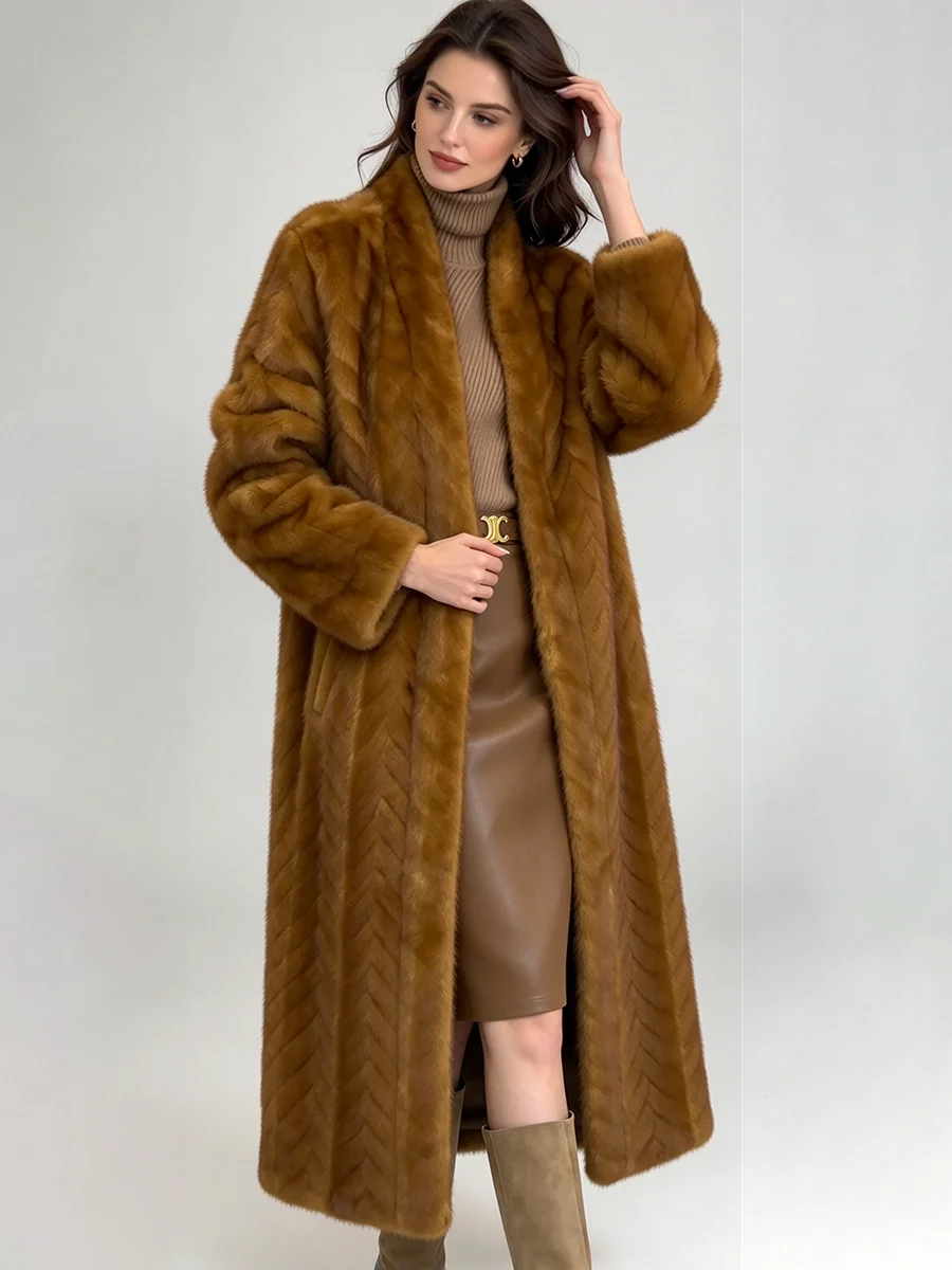 Women Long Faux Fur Coat Shawl Collar Textured Warm Winter Maxi Outerwear