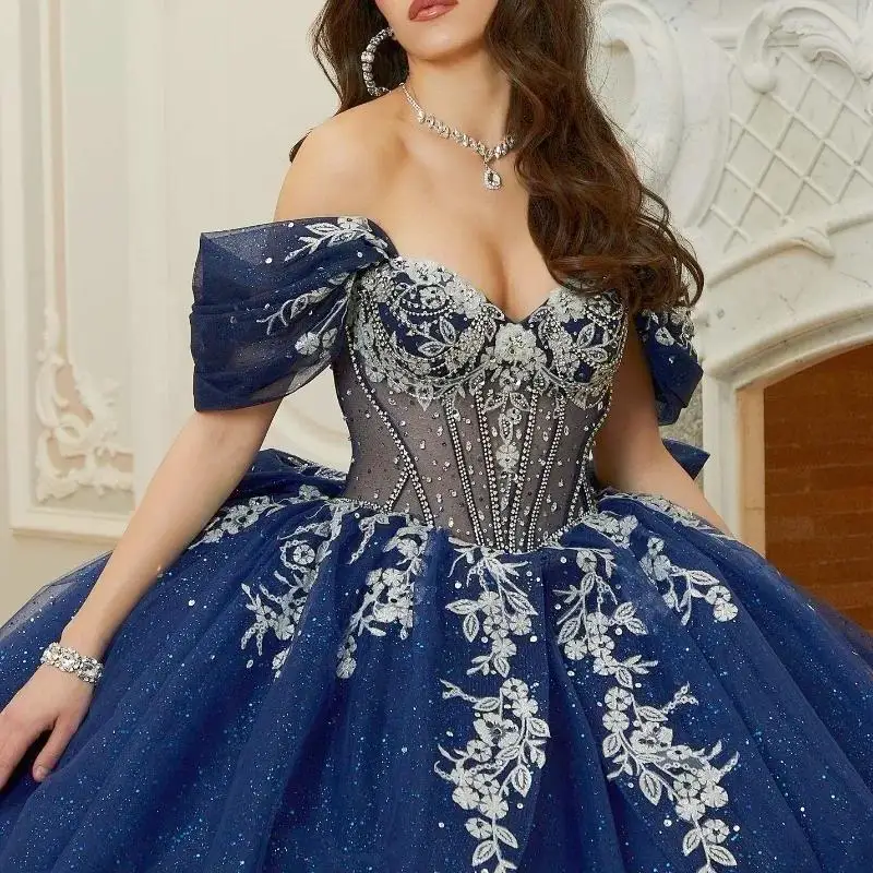 Personalizado azul marinho vestido de baile quinceanera vestidos 15 años quinceañera branco apliques em camadas vestido de festa