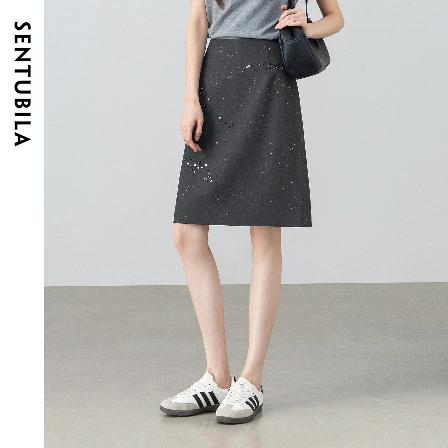 SENTUBILA Women's Black Skirt 2026 Summer Knee Length Elegant Beaded Embroidery Silver Shimmer Office Straight Skirt 162QF6640