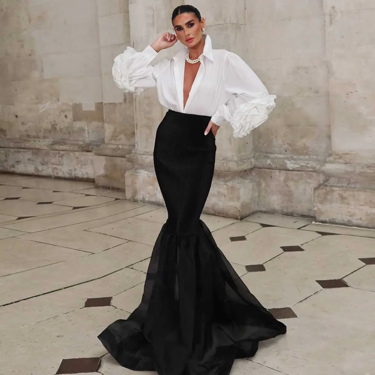 أناقة سوداء ماكسي حورية البحر تنورة عالية الخصر الحرير الساتان الأورجانزا تنورة سهرة طويلة مخصص أي لون حجم التنانير الرسمية سيدة