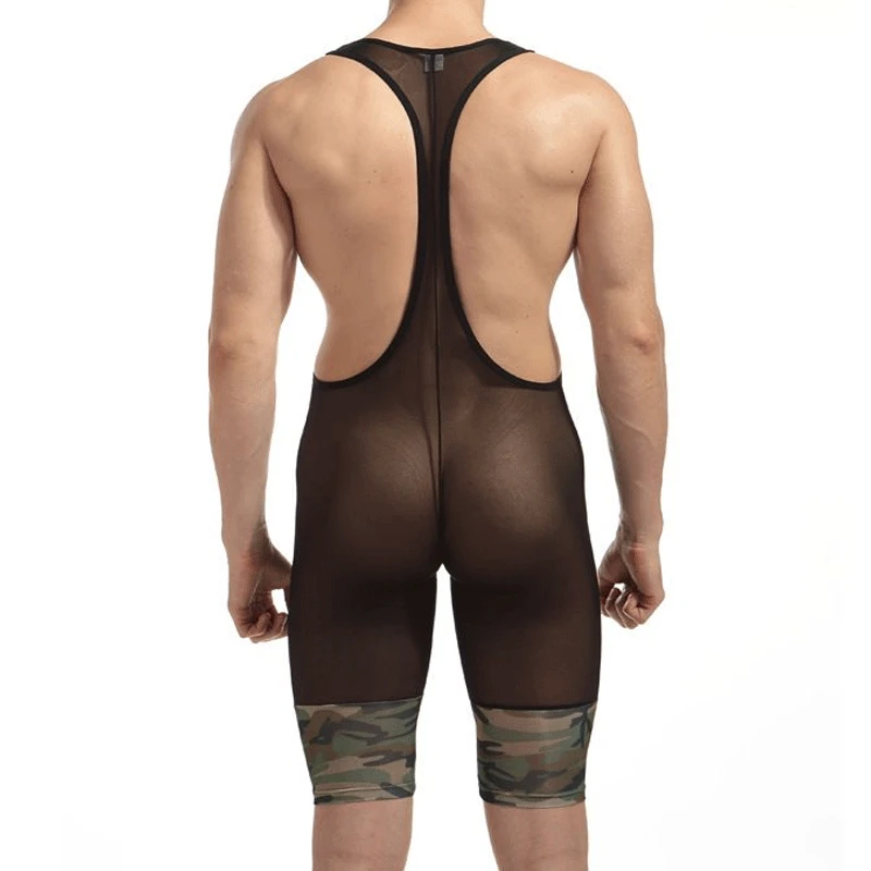 2023 Men's One-piece Wrestling Suit, Soft Camouflage Mesh Swimsuit, Flat Angle Shaping, T-shaped Bow, Sleeveless Round Neck Vest