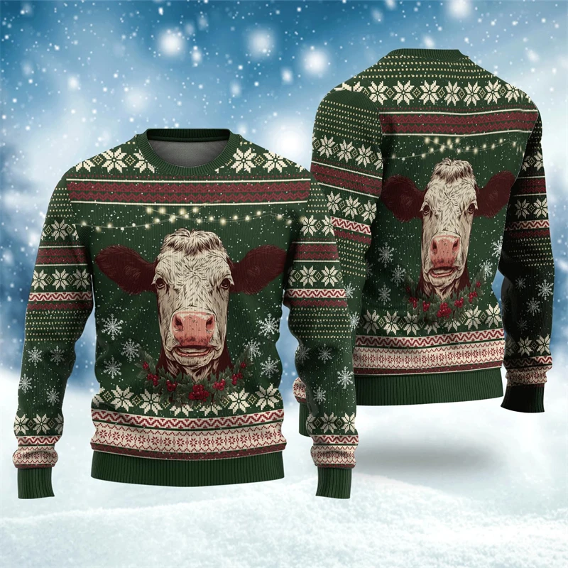 2026 جديد مضحك البقرة رئيس الجرافيك القبيح عيد الميلاد سترة موضة طاقم الرقبة ثلاثية الأبعاد مطبوعة عيد الميلاد البلوز فضفاض عطلة ارتداء البلوفرات #4