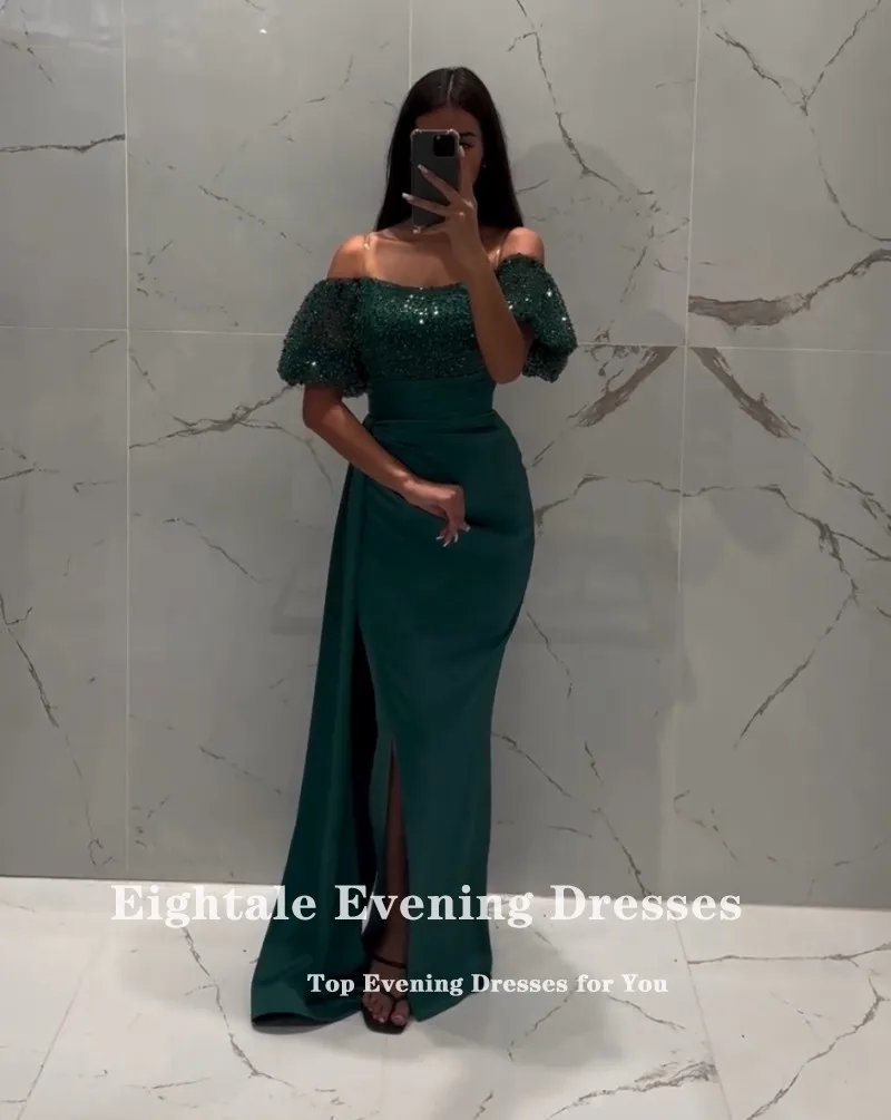 Eightale Dark Green Evening Dress Customized Short Sleeves Sequin Side Slit Formal Arabic Mermaid Wedding Party Prom Gowns Satin