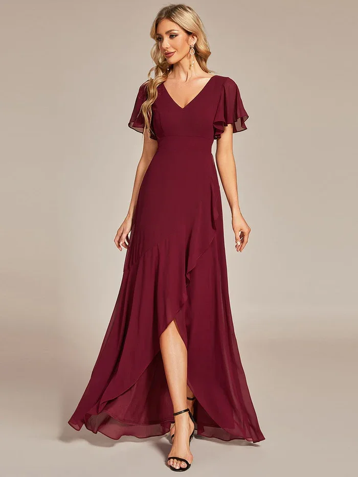 Ever Pretty V Neck Charming  High Low Ruffles Chiffon Bridesmaid Dresses