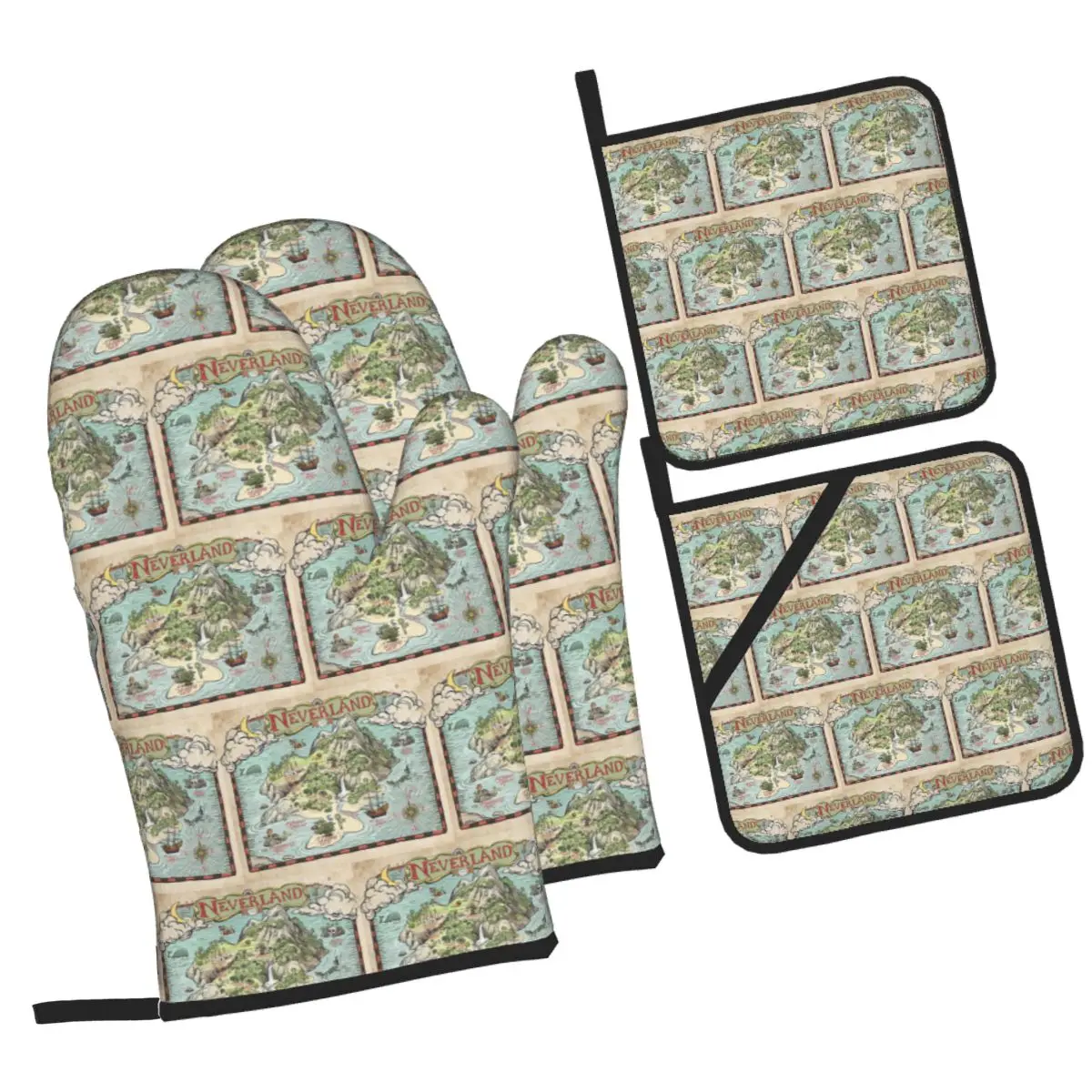Neverland Map Oven Mitts and Pot Holder Sets of 4 for Baking Kitchen Cooking Grilling Resistant Non-Slip Gloves
