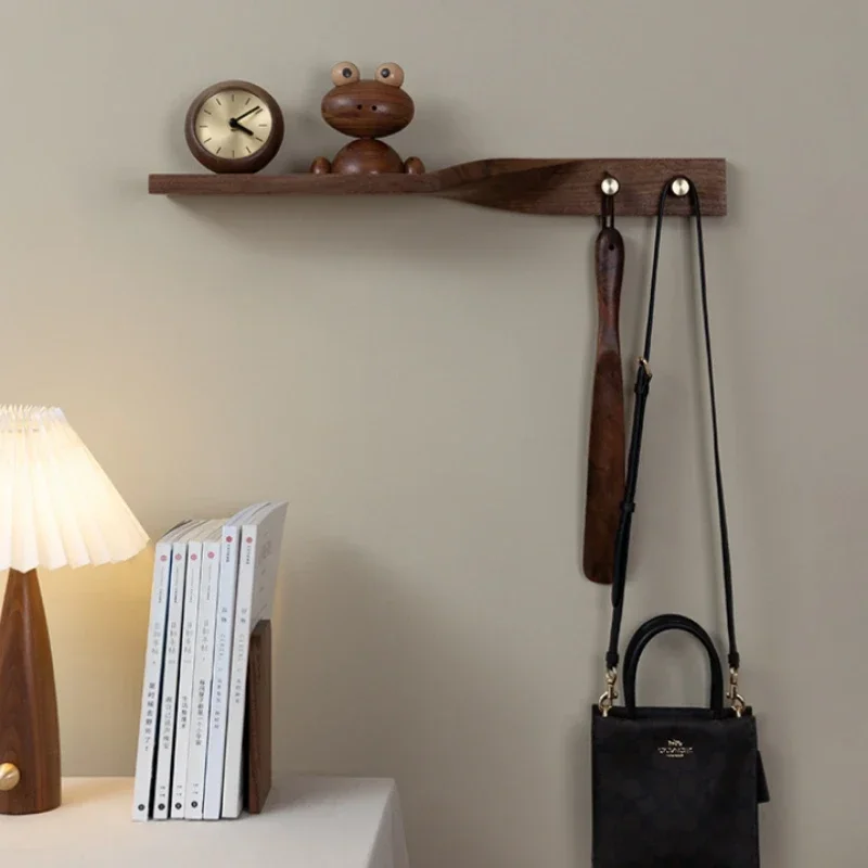 

Wood Sturdy Single Shelf Entryway Wall Storage Shelf Black Walnut Wood Key Hooks Bedroom Wall Mounted Coat Hat Rack