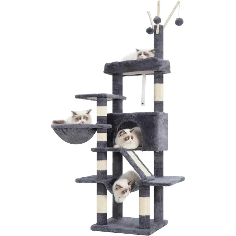 

Cat Tree, 63 inch Multi-Level Tower for Indoor Cats, Cat Condo with Cat Scratching Post and Board, Hammock, Smoky