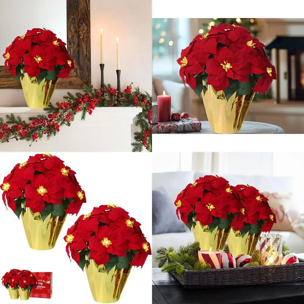 

18 LED Lighted Artificial Poinsettias - Large Outdoor Christmas Decorations for Home, Office, and Kitchen