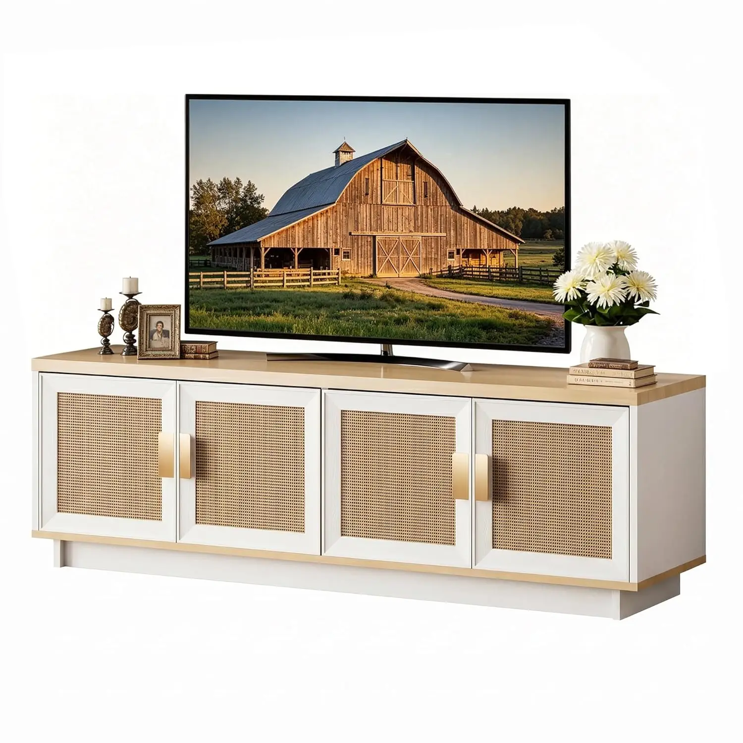 Rattan TV Stand 65 Inch, 4 Woven Cane Door Console, Farmhouse Entertainment Center with Storage, White & Light Wood, Customized