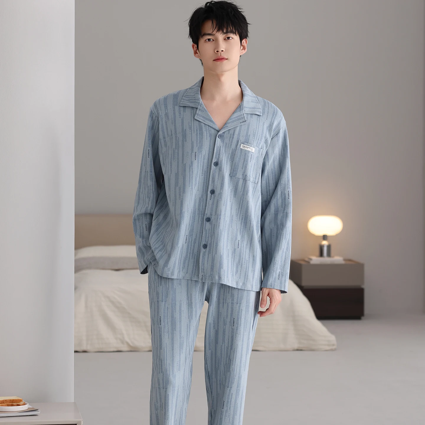 

High Quality Plus Size L-6XL Men Pajamas Set 100% Cotton Turn-down Collar Sleepwear Male Autumn Long Sleeve Pyjamas