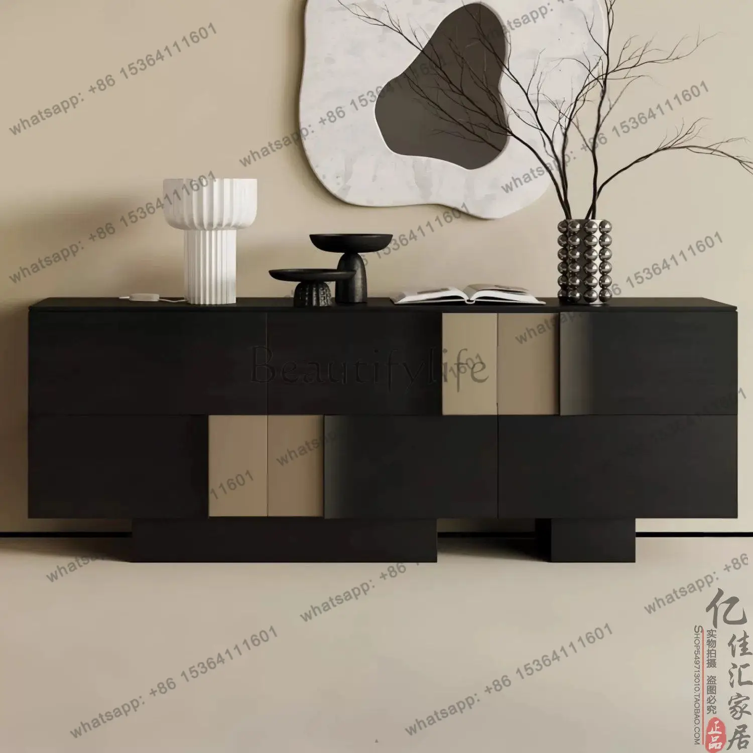 

Simple paint dining side cabinet black cabinet audio-visual wall floor-to-ceiling oak cabinet