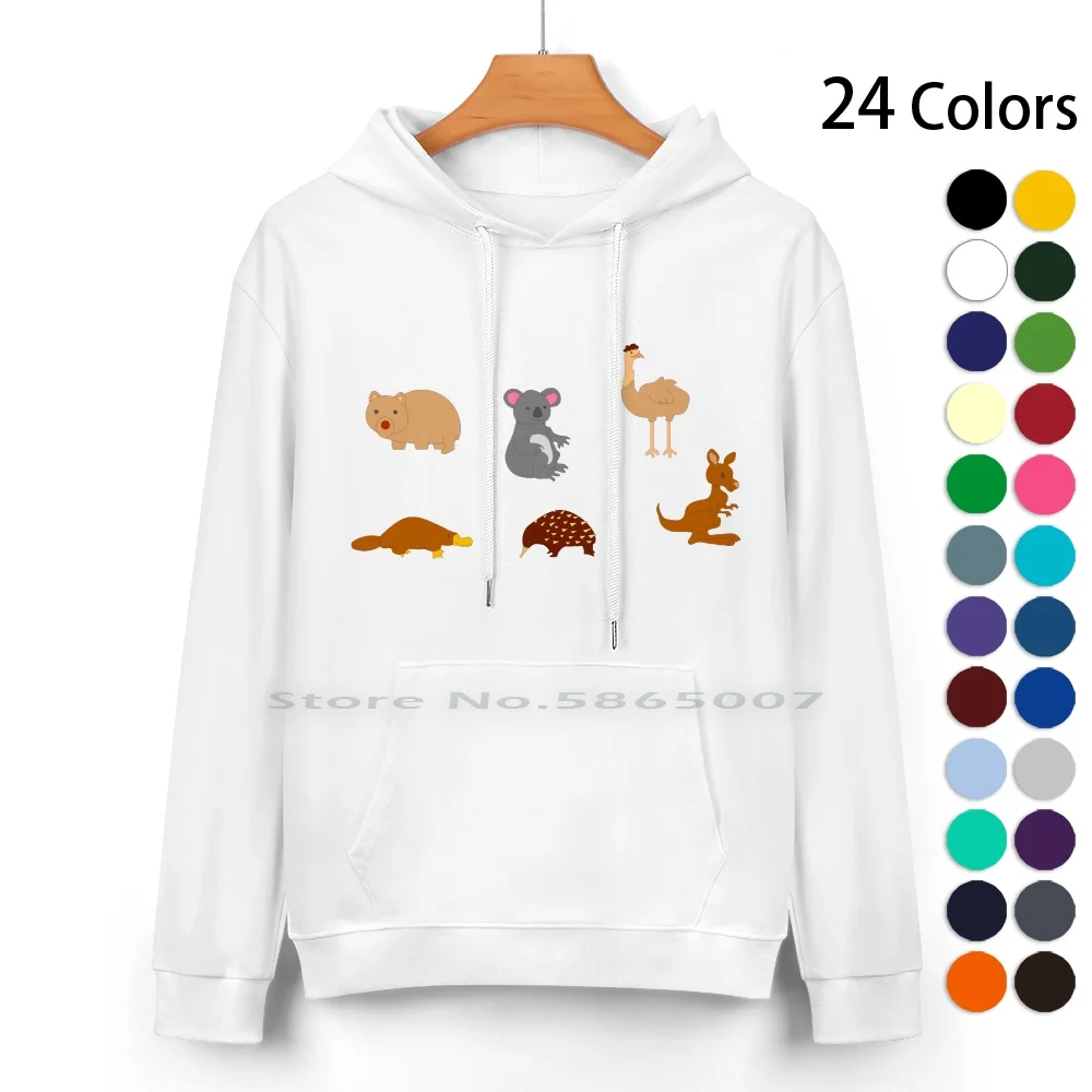 Australian Animals Pure Cotton Hoodie Sweater 24 Colors Koala Kangeroo Echidna Wombat Australia Animal Fluffy 100% Cotton