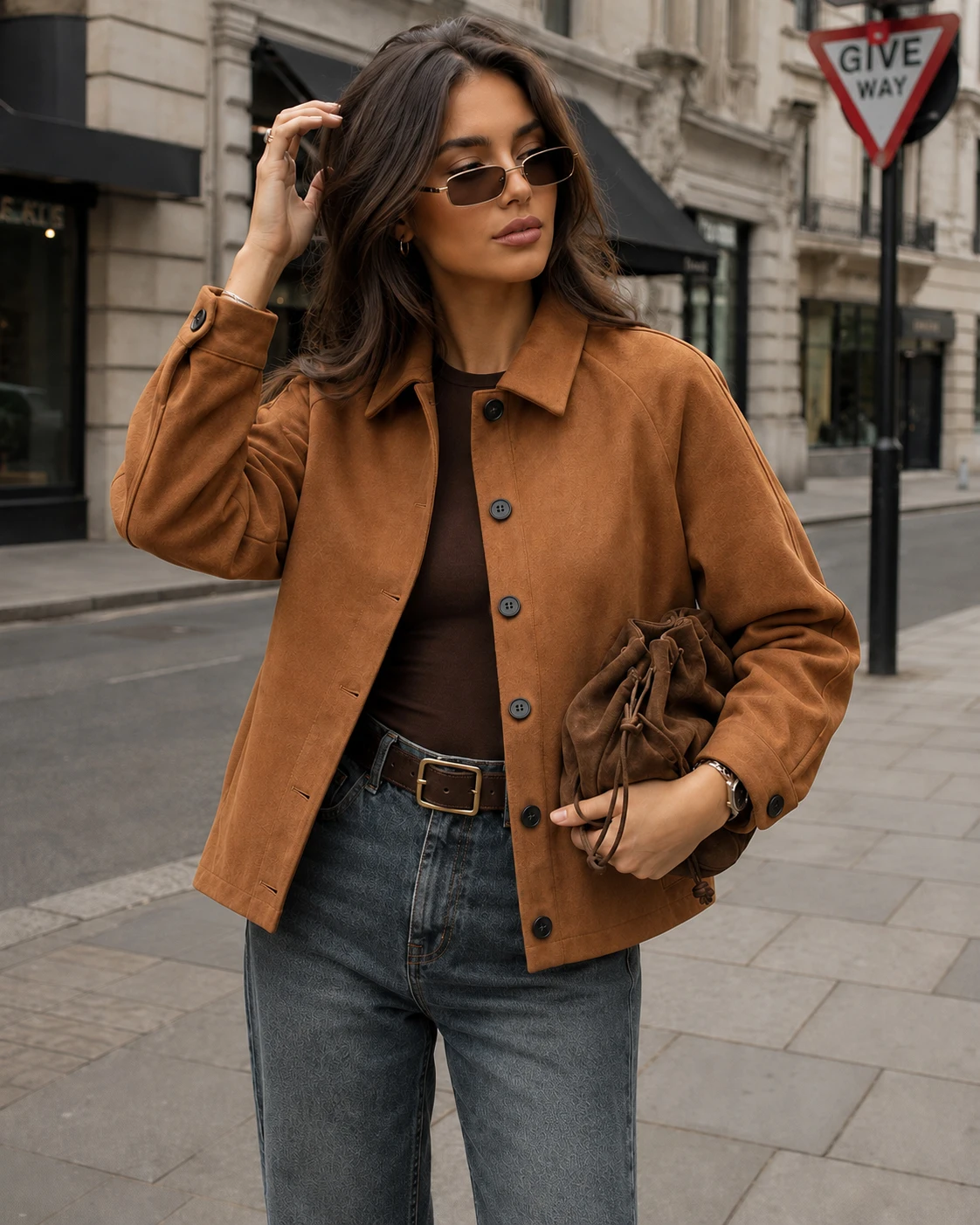 Women Vintage Brown Suede Jacket Coat Single Breasted Long Sleeves Turn-down Collar Autumn Outerwear