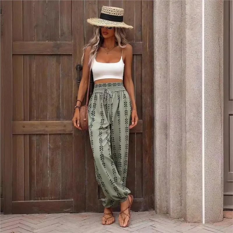 Women's Trousers 2025 Spring/summer New Versatile Grid Wide Leg Lantern Pants Casual Pants Lace Up Elastic Waist Long Pants