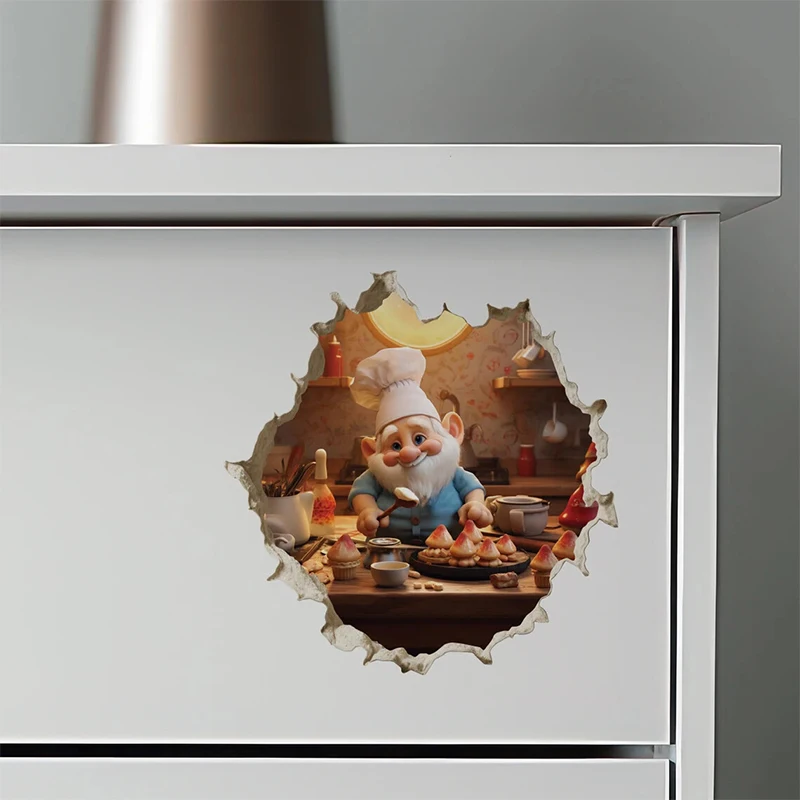 Gnome Baking Mushroom Cupcakes in Wall Hole Decal,  Apply for Wall, Door, Cabinet, Window, Car Decoration, Vinyl Gnome Decals