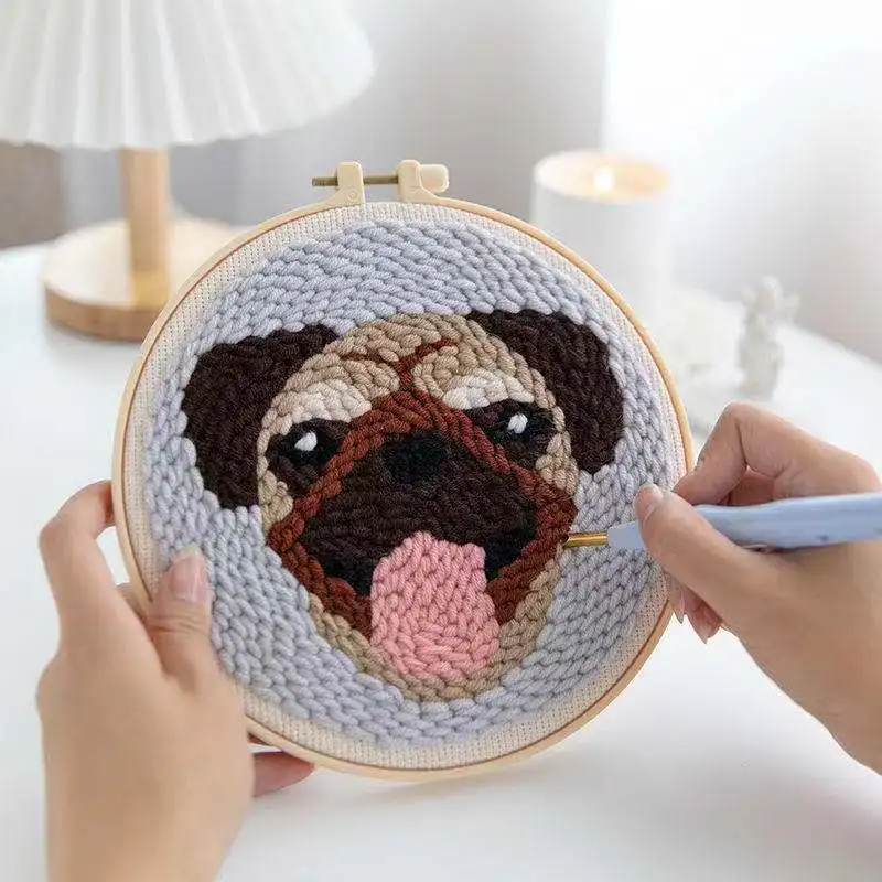 DIY Punch Needle Embroidery Dog Pattern Kit Threader Fabric Embroidery Hoop Yarn Rug Punch Needle Kits for Adults Kids Beginner