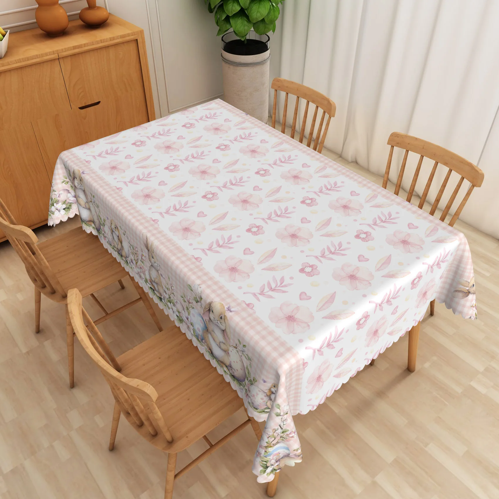 Easter Waterproof Tablecloth Pastel Pink with Watercolor Flower Check Pattern Sweet Girl Birthday Theme Party Decor Table Cover