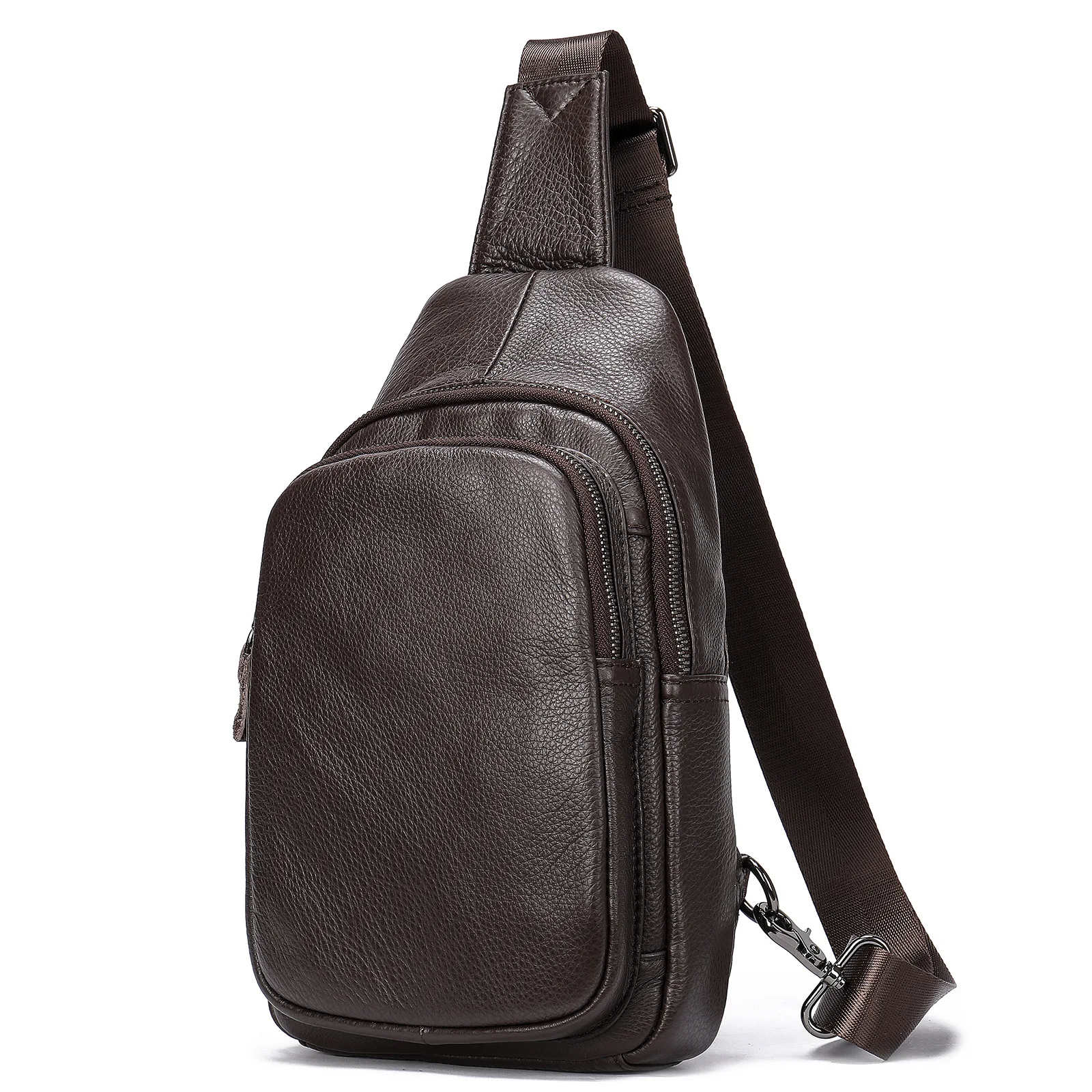 Bolso de pecho de cuero genuino para hombre, bandolera de cuero de vaca suave, color café negro, novedad de verano