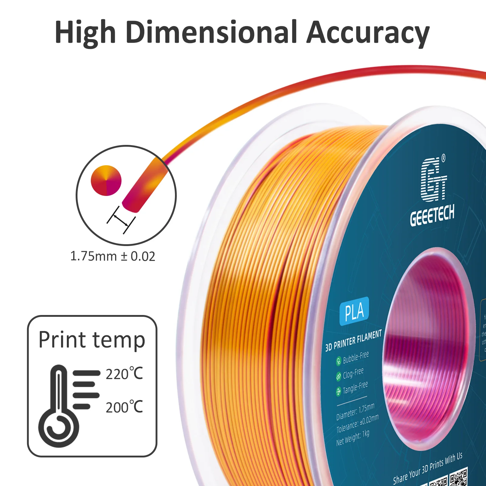 Geeetech Tri Color Silk PLA Filament, Filament 3D 1,75 mm 1 kg Drut szpuli (+/-0,03 mm) Opakowanie próżniowe, kolor specjalny