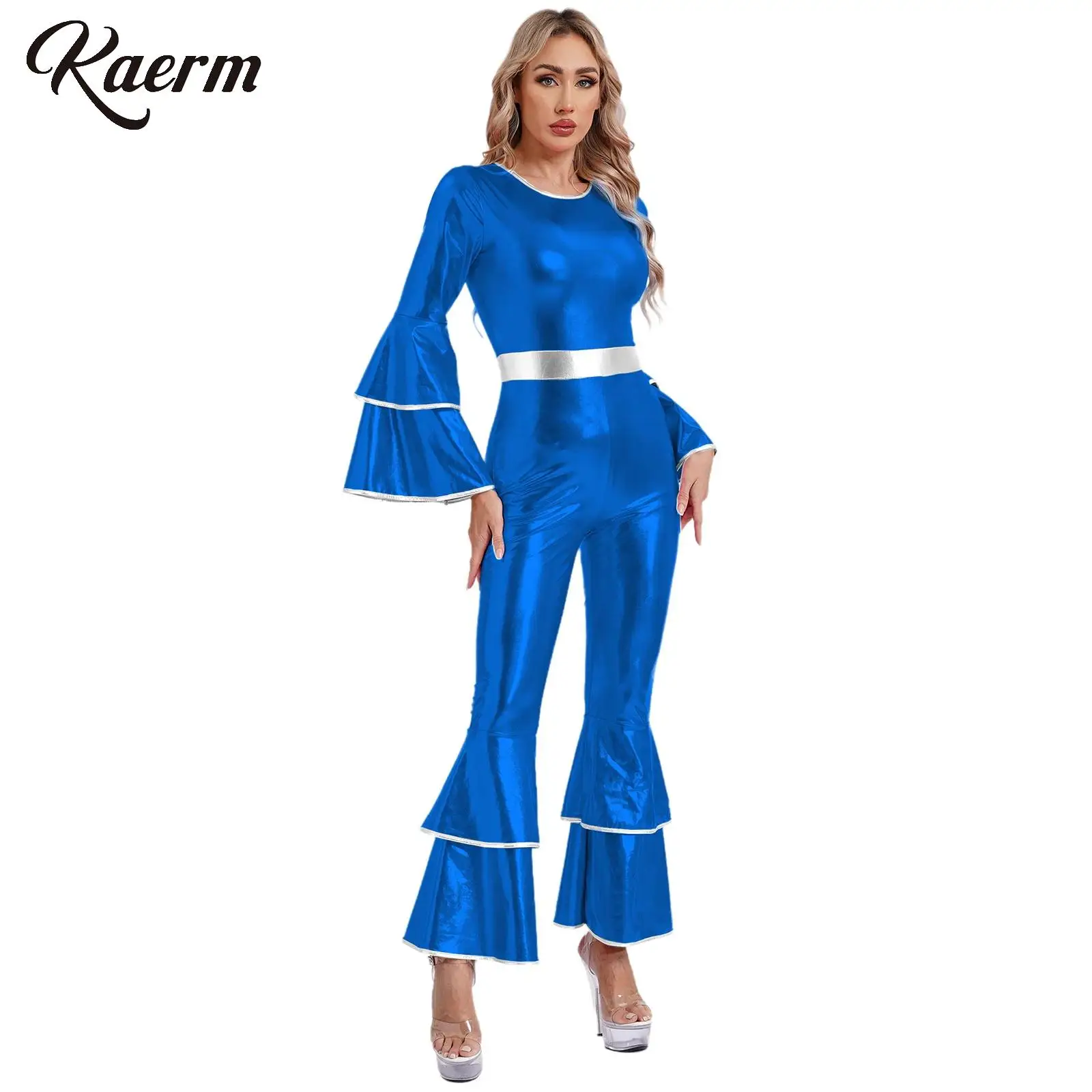 

Womens Vintage 70S Disco Metallic Shiny Jumpsuit Tiered Flare Sleeve Bell Bottom Hippie One-piece Bodysuits Dancewear Costumes