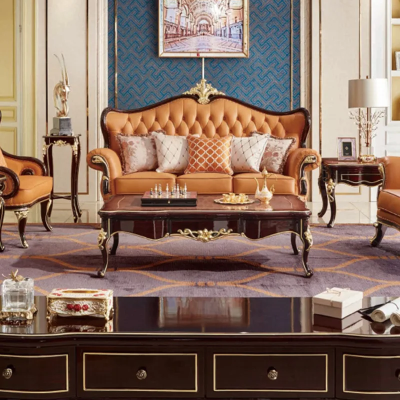 123 combination leather sofa, high-end villa luxury large apartment living room solid wood carving flower sofa