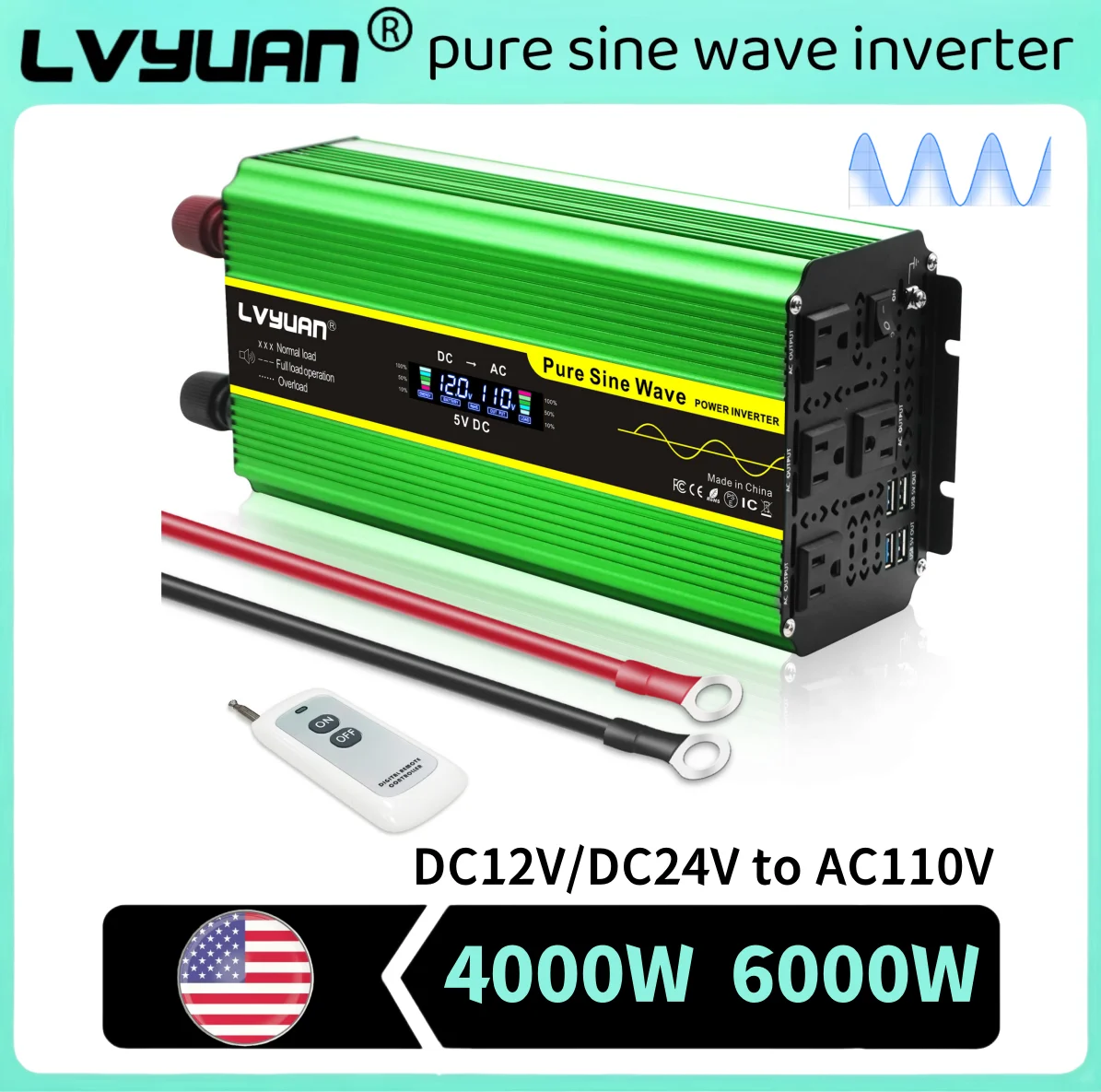 4000W 6000W  Inverter Pure Sine Wave LVYUAN LCD Display Remote Control DC12V/DC24V to AC110V AC130V Off Grid Power Inversor