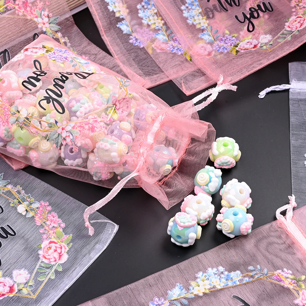 10 Stück Durchsichtige Organza-Geschenktüten mit Kordelzug "Danke" Blumendruck Schmuck-Aufbewahrungstaschen für Hochzeitsfeier-Aufbewahrung – Detail 2