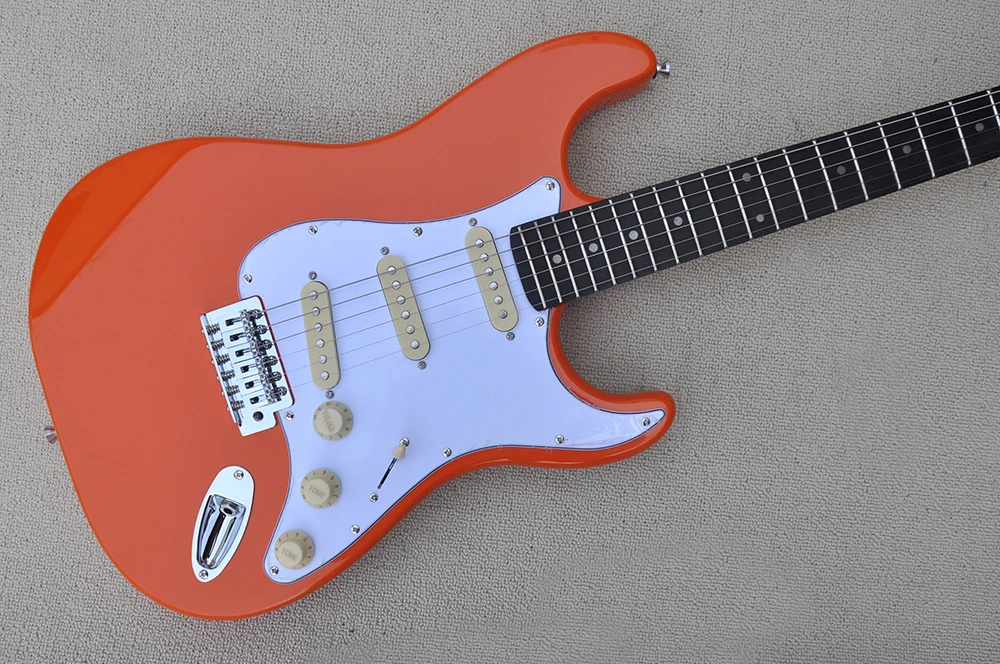 6 Strings Orange Electric Guitar with White Pickguard,Rosewood Fretboard