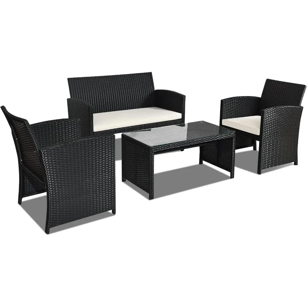 Rattan Patio Furniture Set, Outdoor Wicker Conversation Sofa with Weather Resistant Cushions and Tempered Glass Tabletop