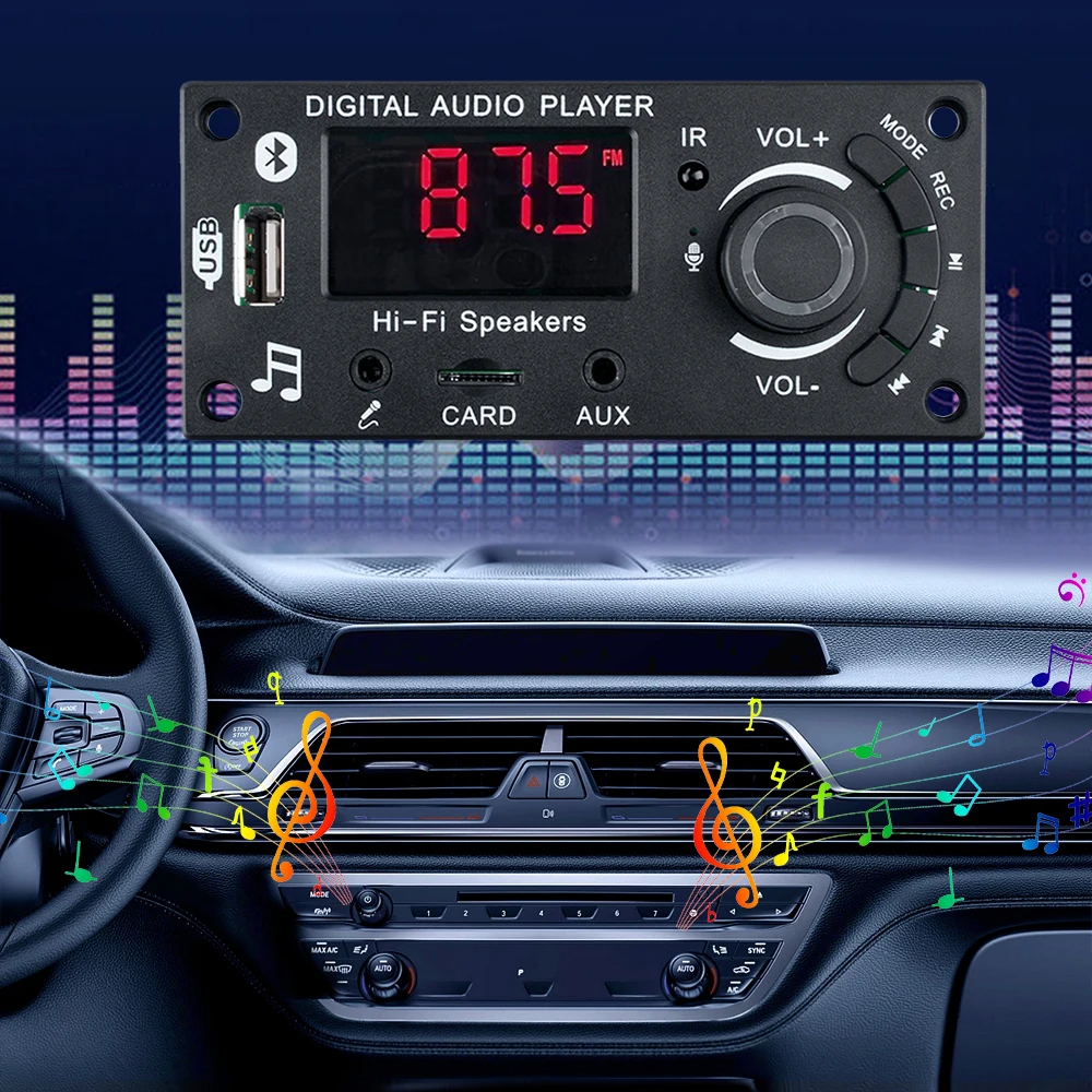 車用mp3デコーダーボード,オーディオアンプ,ラジオ,マイク,ソケットレコーディング,Bluetooth, DC5-25V, 2*50w