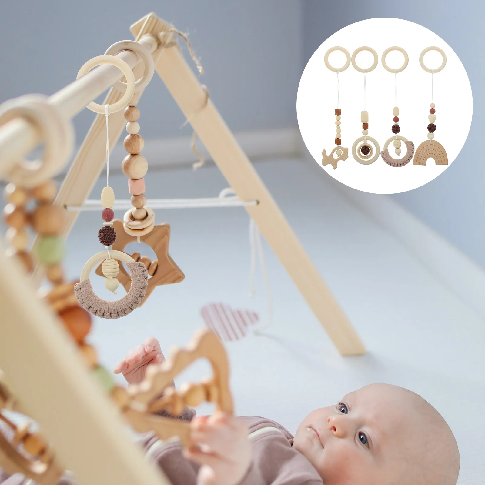 Estante de gimnasio para bebé, juguetes sensoriales de madera para habitación de guardería, colgante para cochecito de niños, colgante con cuentas, 4 Uds.