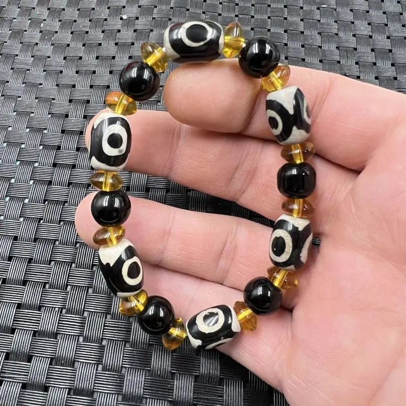 Black Agate Dzi Bead Bucket Bead Bracelet Three-eye Dzi Bead Passepartout Bracelet.