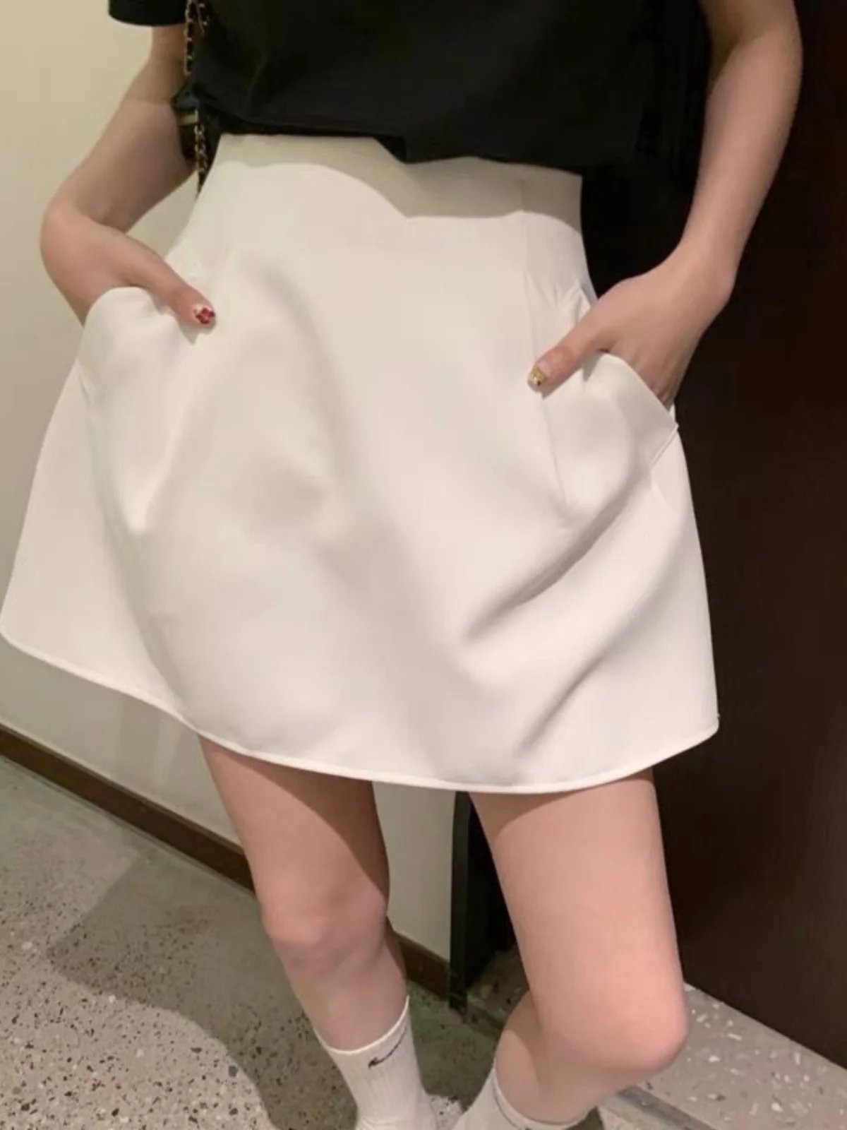 Dames retro uitlopende rok hoge taille afslankende witte paraplurok bloeier f-lengte rokken casual polyester stof