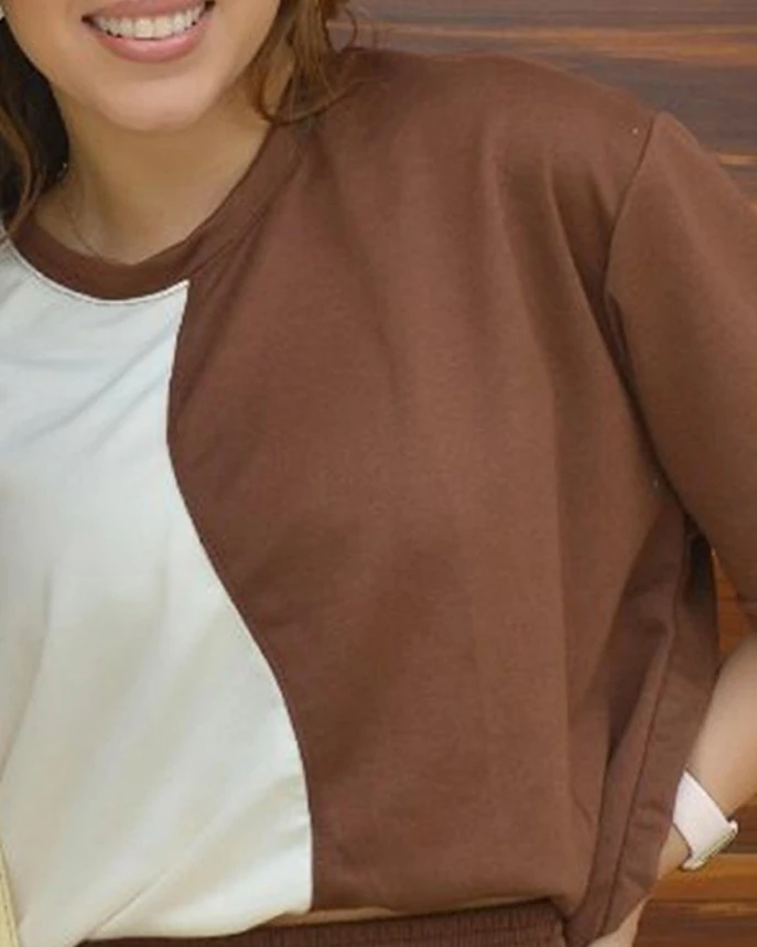 2024 Women's Summer Wear Minimalist and Fashionable Two Tone Color Block Short Sleeved Half Sleeved Top and Elastic Shorts Set