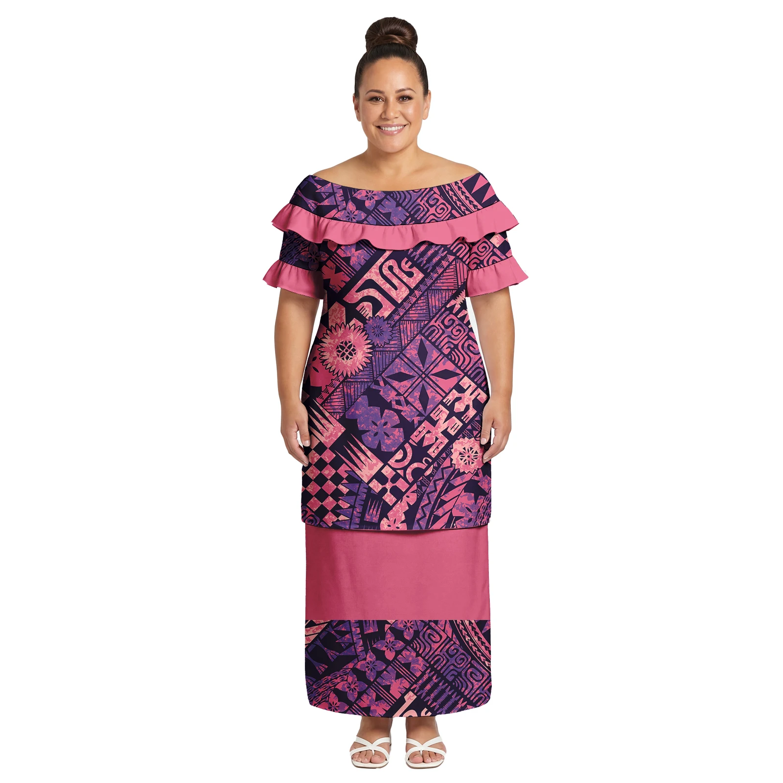 

Hawaiian Creativity Design Ladies Clothes Custom Samoan Island Puletasi Polynesian Women Petal Sleeve Top and Skirts Puletasi