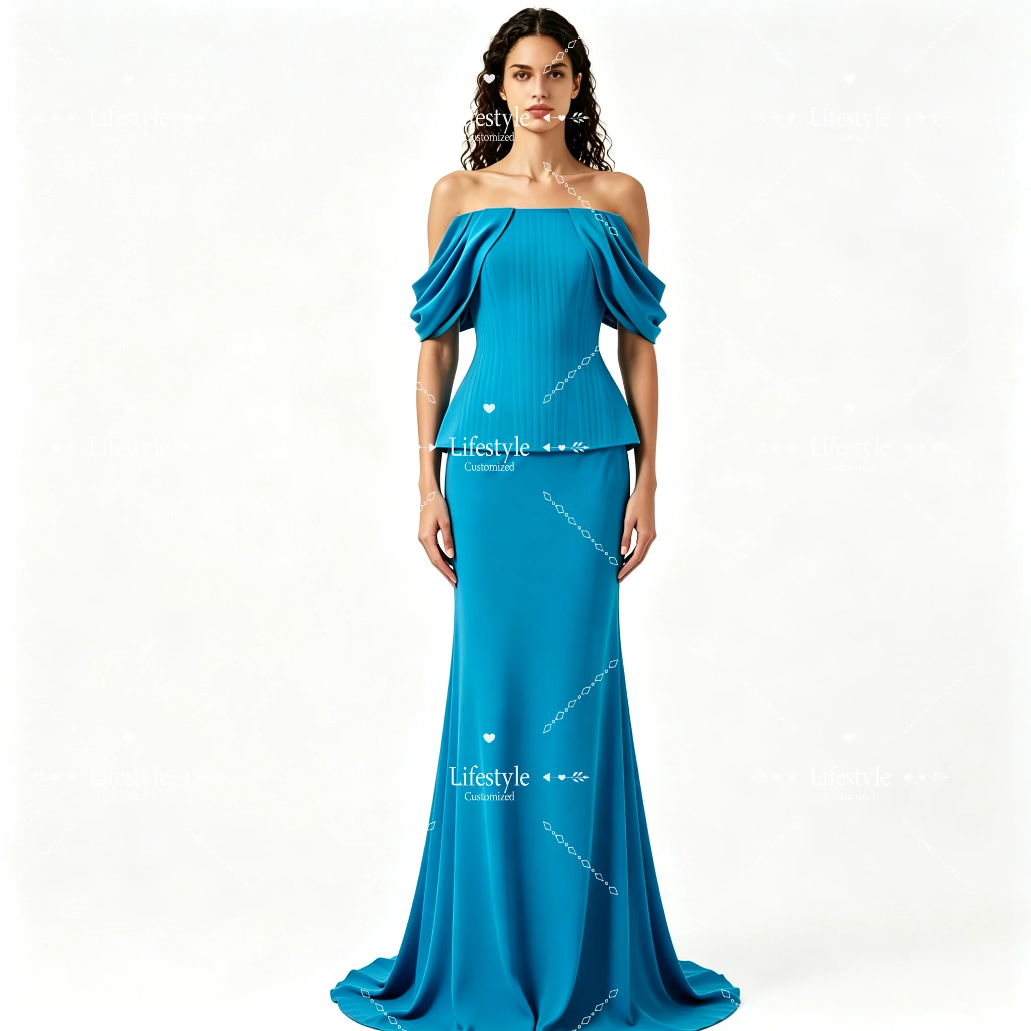 Customized Lake Blue Mermaid Evening Dress Off Shoulder Ruffle Cap Sleeves Lines Formal Prom Party Gown With Train