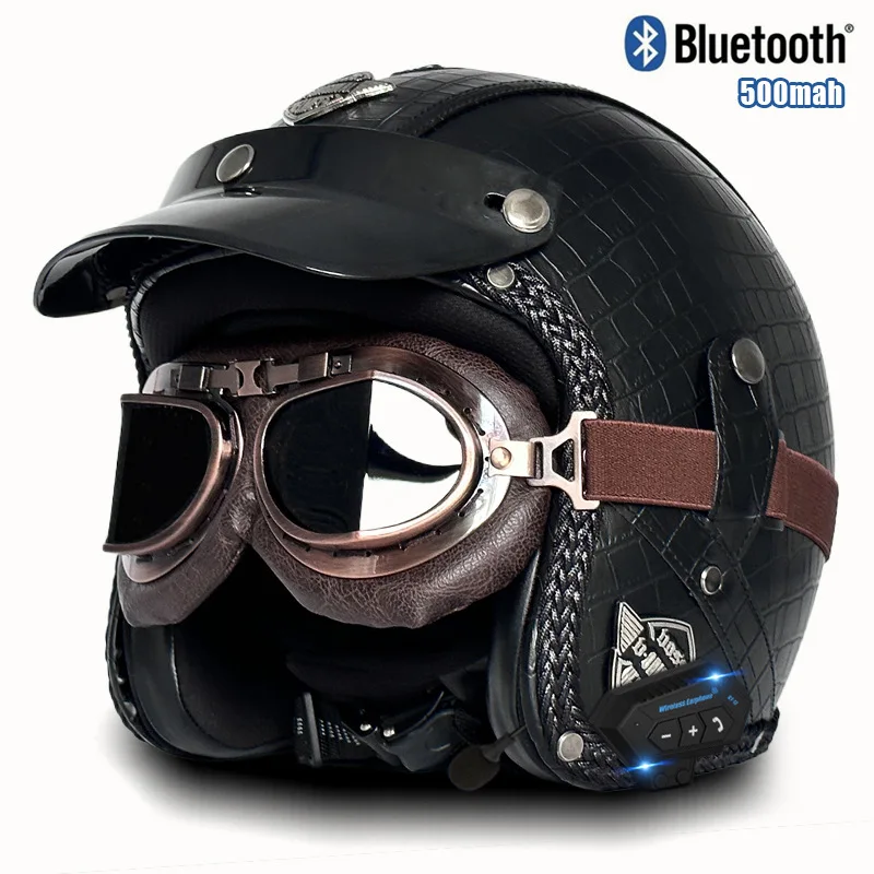 

3C certified vintage motorcycle helmet leather 3/4 half helmet for men and women electric scooter riding
