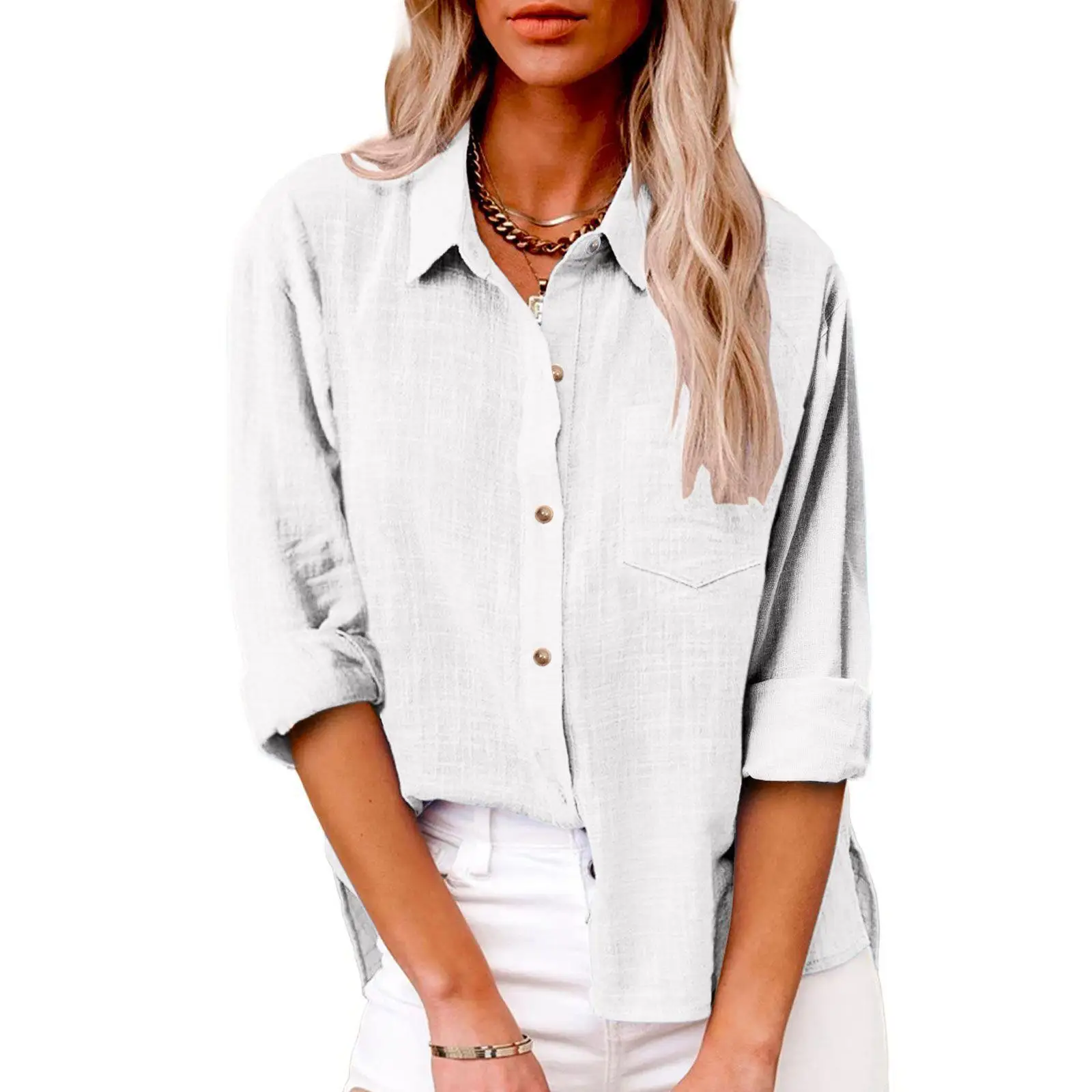 Womens Casual Lapel Cotton Linen Loose Shirt Vintage Harajuku Solid Blouse Elegant Long Sleeve Button Up Tops Office Lady Tunics