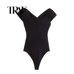 TRAF Body nero con spalle scoperte per donna Lingerie increspata Body sexy estivo Body attillato senza schienale Costumi interi