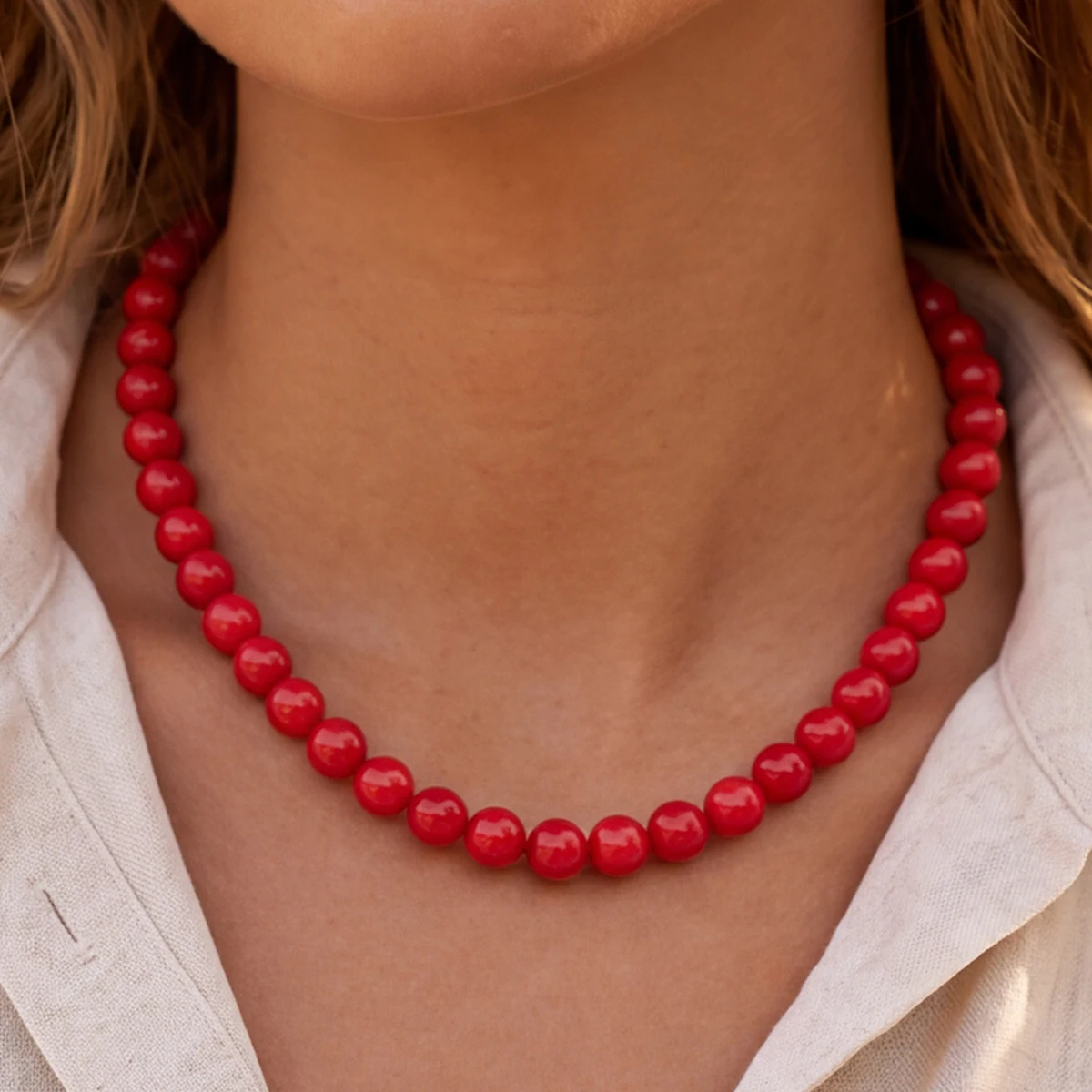 Red Glass Round Bead Necklace for Women 4/6/8mm Classic Beaded Choker Minimalist Layered Statement Necklace Fashion Jewelry Gift