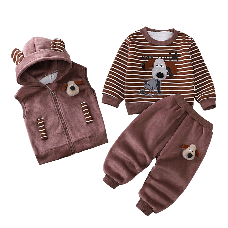 2026 Winter Baby Boys Cotton Clothes Set Autumn Thick Cartoon Dog Hooded Warm Vest Jacket Pants 3Pcs Suit For 1 2 3 4 Years Kids