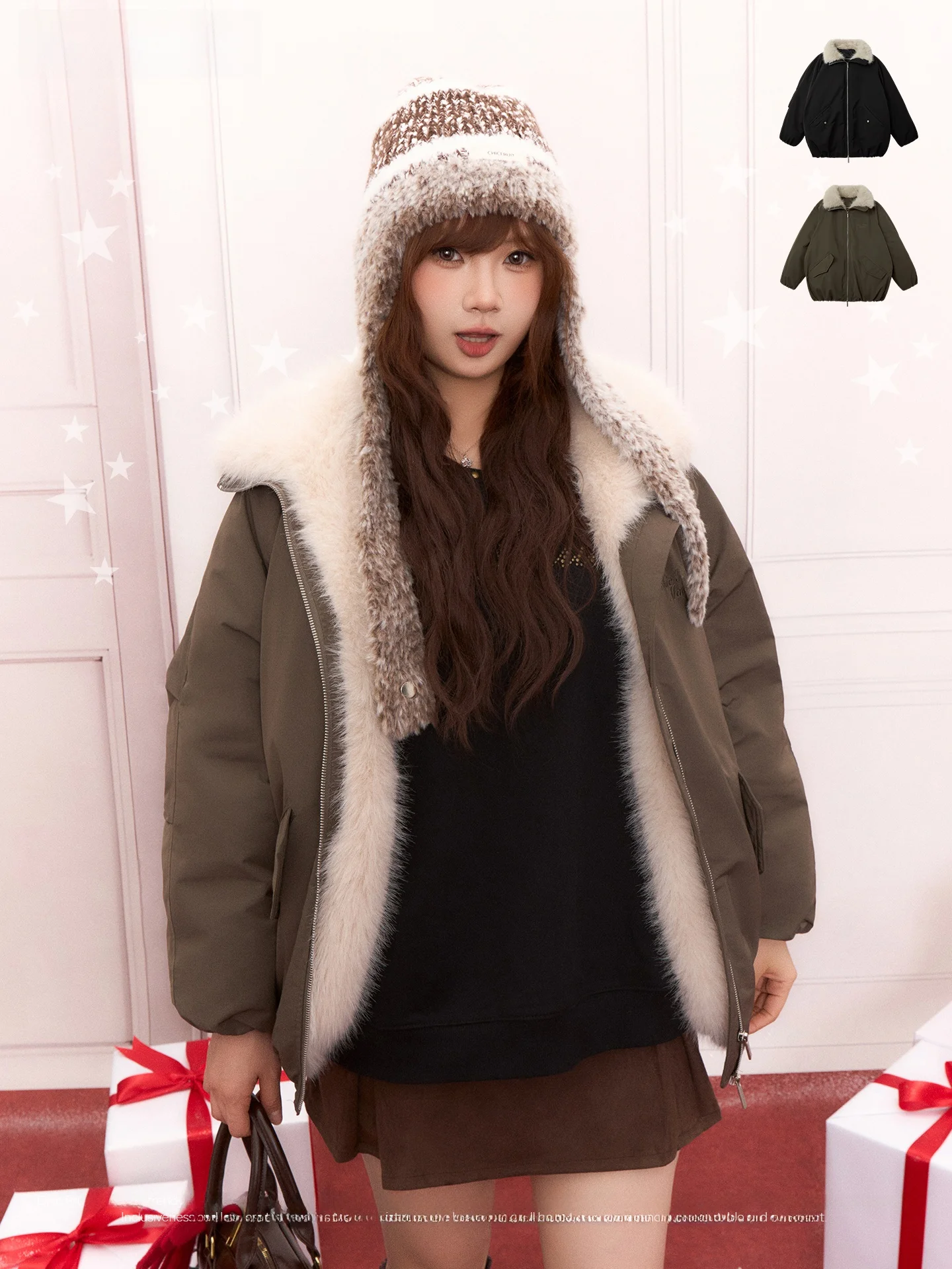 

CHIC FRUIT Американский утепленный зимний пуховик свободного кроя для женщин больших размеров с фруктовым дизайном и меховым воротником