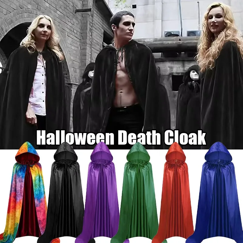 Miękki czarny płaszcz na Halloween - unisex, z kapturem, długa szata wiedźmy, rekwizyt do kostiumu cosplay i dekoracja na imprezę
