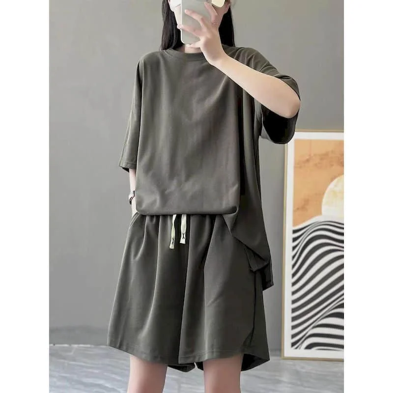 

Cotton Shorts Sets Loose Solid Korean Fashion Half Sleeve T-shirt and Elastic Waist Shorts Two Piece Sets Casual Women Clothing