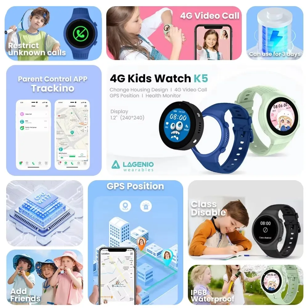 LAGENIO K5 4G Kids Smart Watch WIFI SOS GPS Monitor Tracker Location Smartwatch Child Waterproof Camera Video Call Phone Watch